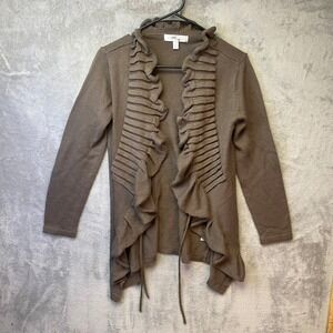 One 7 Six Cardigan Women S Ruffle Open Front Brown Long Sleeve Knit EUC